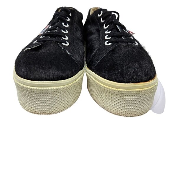 Superga Pony Hair Platform Sneakers Shoes Black & White Women’s Size 10 Lace Up - Picture 4 of 10
